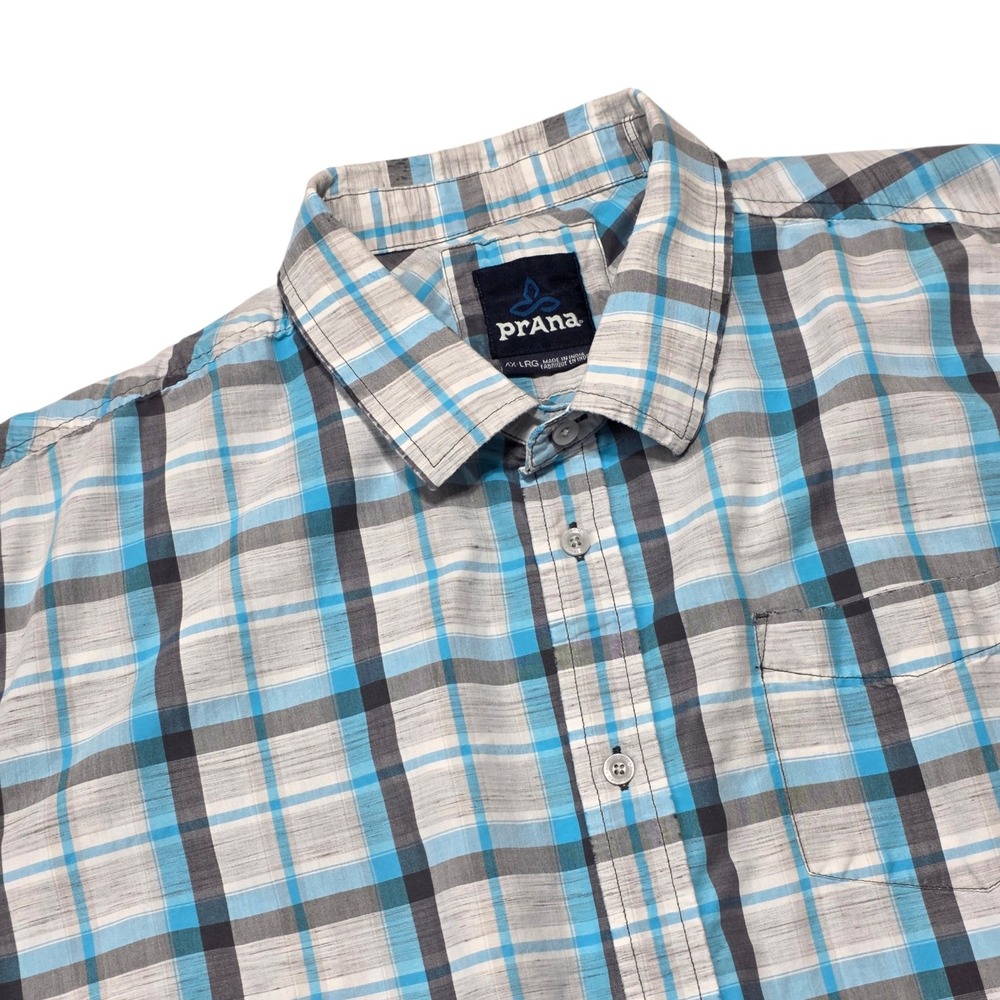 Prana Shirt Mens XXL Blue Plaid‎ Short Sleeve Button Up Hiking Outdoor Casual
